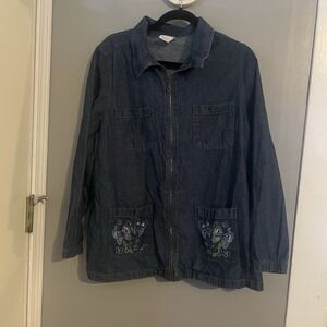 Vintage Blair Denim Jacket Embroidered Butterflies Zip Front Women's Size Large